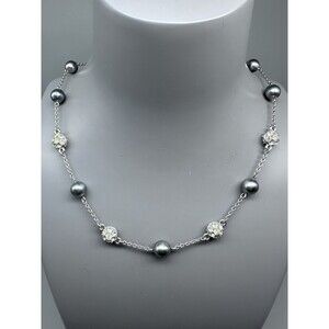 Nolan Miller Pave Crystal & Silver Pearl Bead Necklace 16”